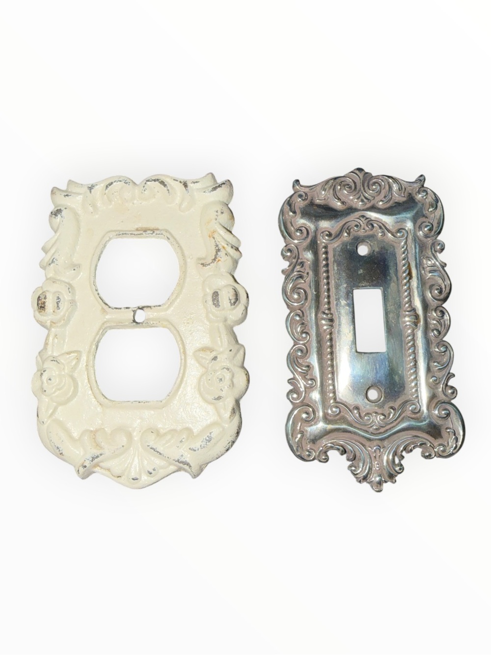 Decorative Vintage-Style Ivory and Silver Wall Plate Covers - Pair